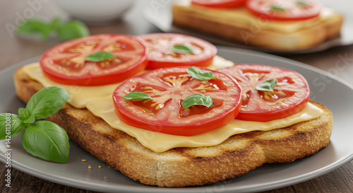 Elegant Open Faced Sandwich With Cheese Tomato And Basil Arrangement
