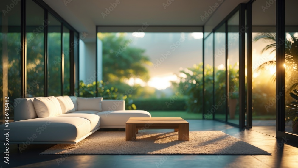 Fototapeta premium Contemporary Sunlit Home Interior Featuring a Spacious Living Room with Elegant Sectional Sofa and Coffee Table