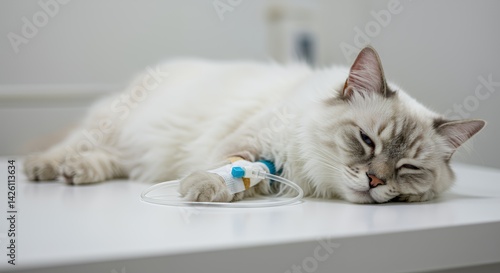 White Cat with Blue Eyes Sleeping on White Table with IV Drip Attached to Paw Isolated on White Background Illustrating Veterinary Care