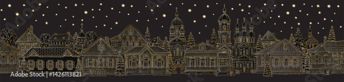 Seamless border pattern of antique wooden houses and churches. Vector golden sketches on a black background