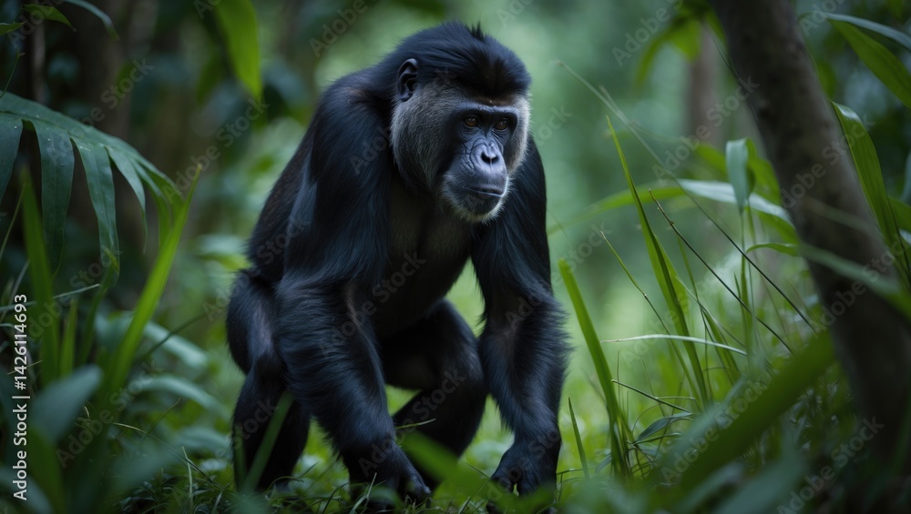 Obraz premium Male Bonobo walking through forested terrain in Africa