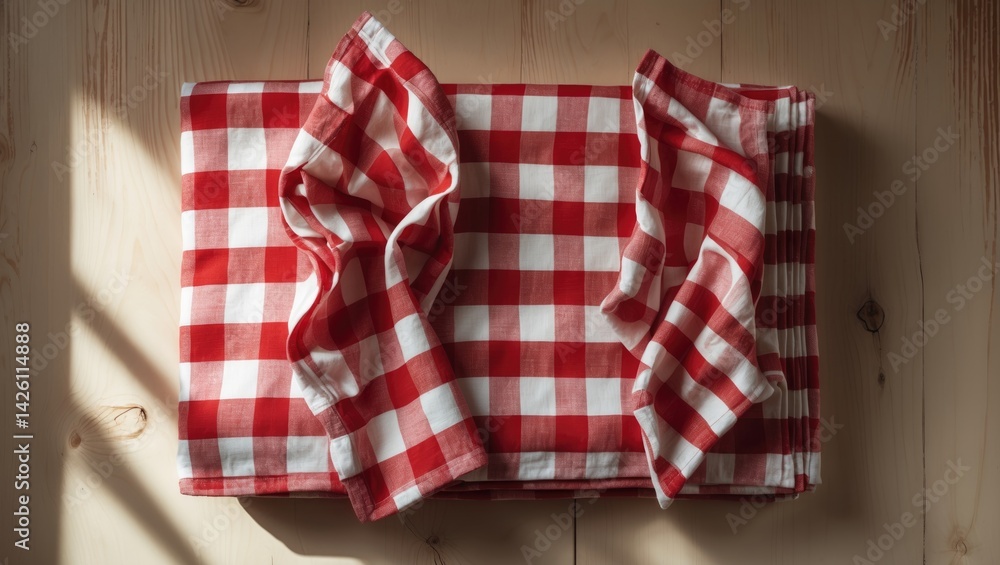 Obraz premium Checkered pattern folded tablecloth seen from above on table