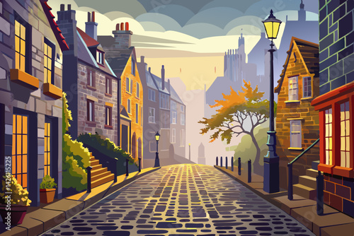 vector of Foggy cobblestone street in Scotland