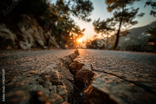 Wallpaper Mural Cracked road at sunset in mountainous area shows nature's power and the impact of geological activity on environment Torontodigital.ca