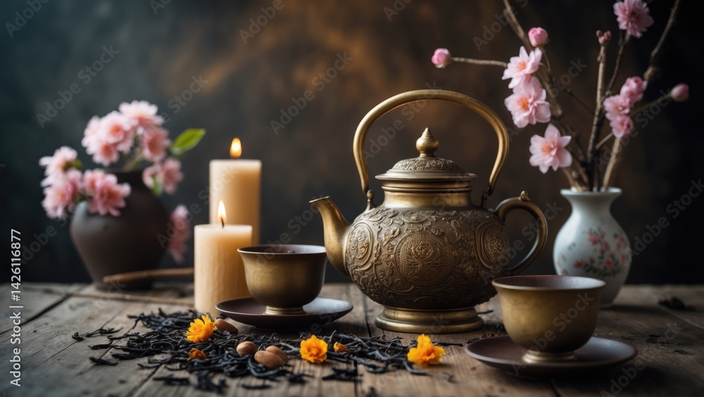 Fototapeta premium Asian tea ceremony display with a golden iron teapot, cups, candles, and almond blossom flowers arranged on a wooden surface, with copy space and selective focus