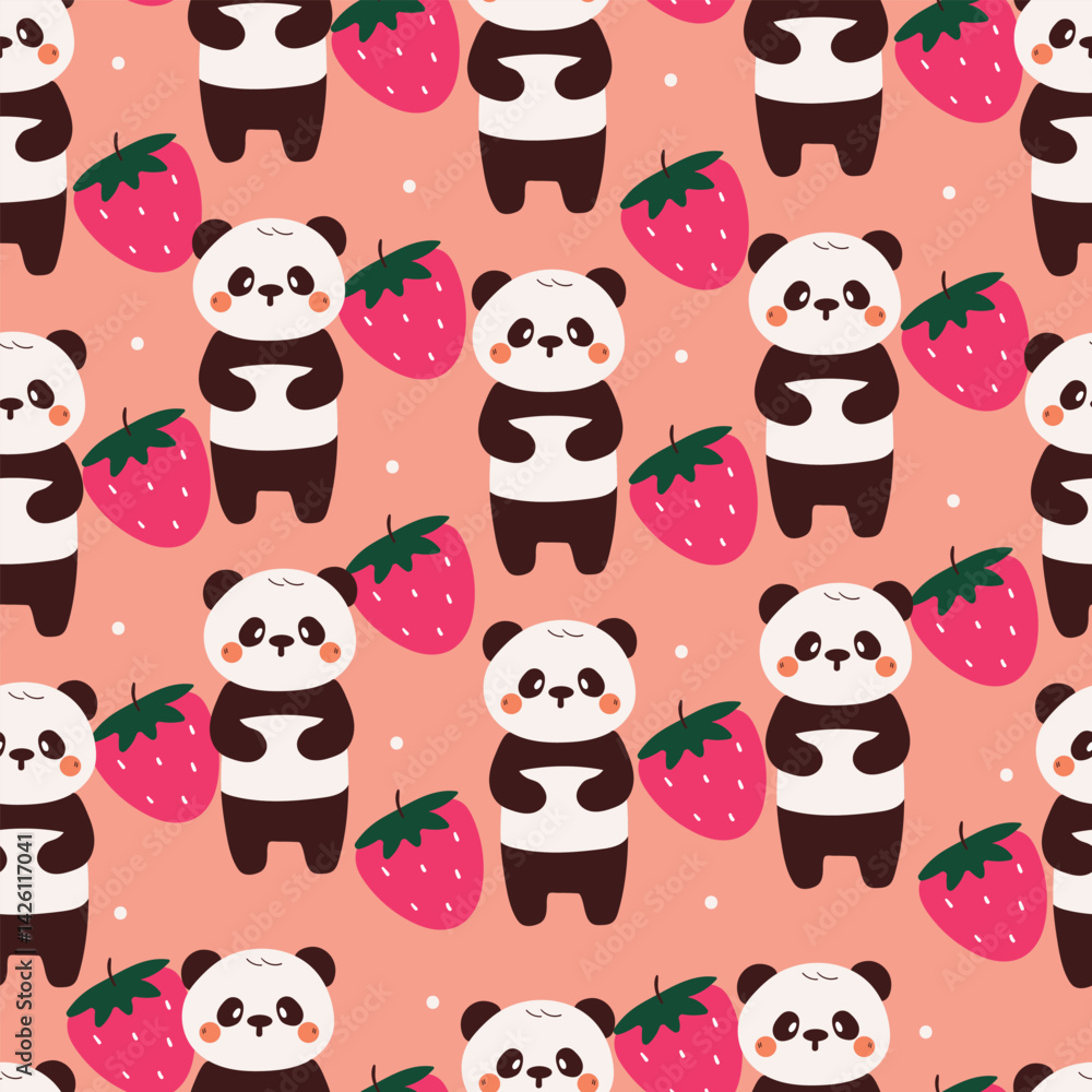 Fototapeta premium seamless pattern cute cartoon panda holding strawberry. cute animal drawing for wallpaper, pattern, background