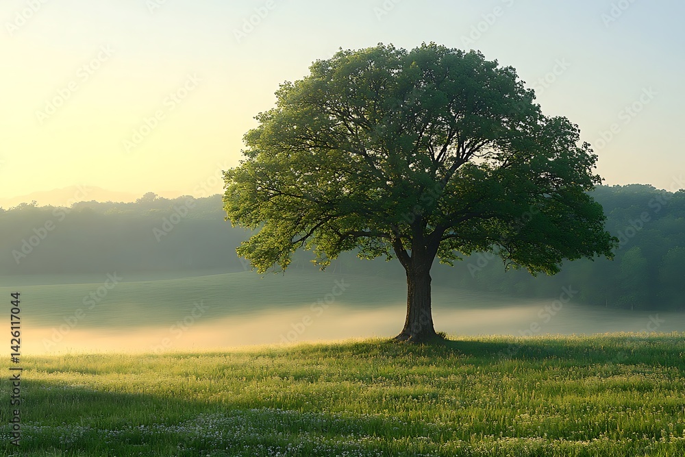 Obraz premium Majestic tree stands alone in a misty meadow at dawn.