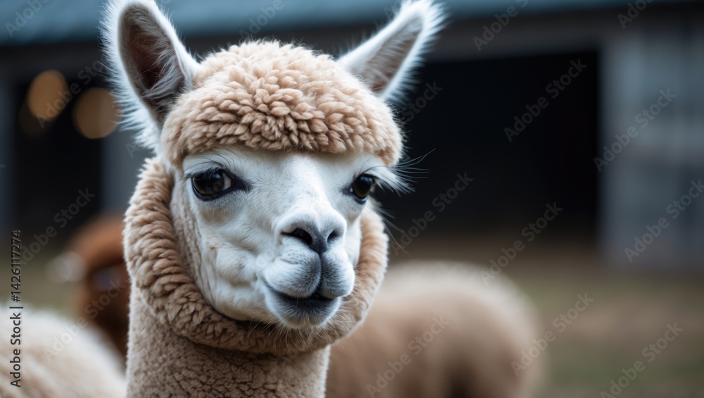 Obraz premium Charming Alpaca Portrait with Soft Wool and Bright Eyes against Blurry Background