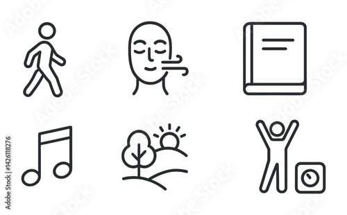 Wellness and lifestyle icons set: flat design with walking, breathing, book, music, nature, exercise