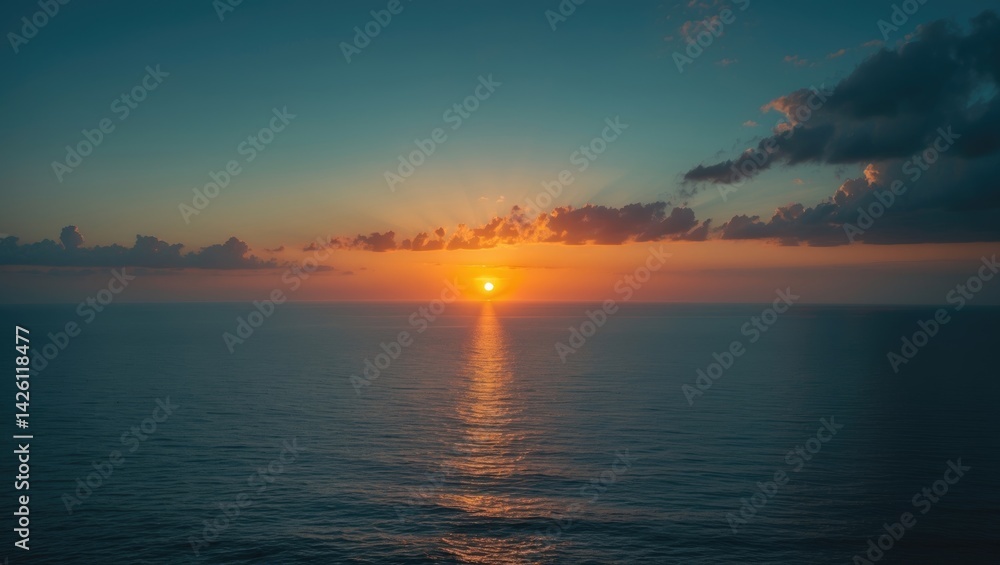 Obraz premium Golden Sunset Sky with Dramatic Clouds Over Horizon Sea at Dusk