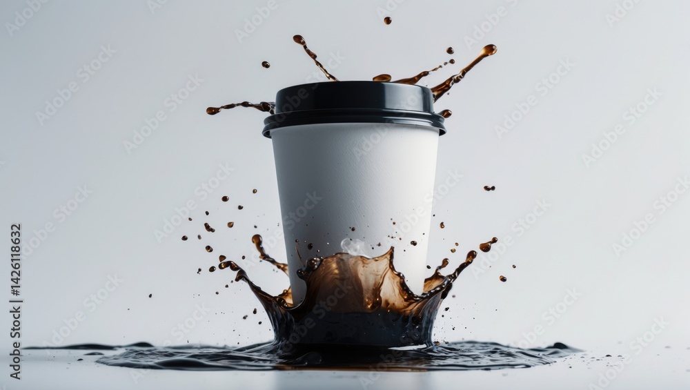 Disposable paper cup with splashing hot coffee and plastic lid