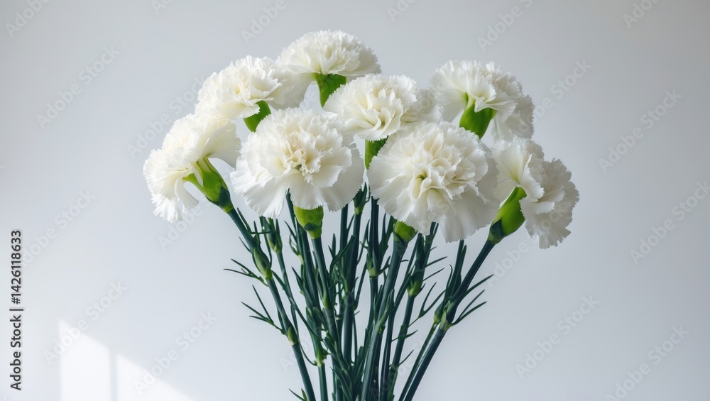 Elegant white carnations set against a plain background Elegant white carnations set against a plain background