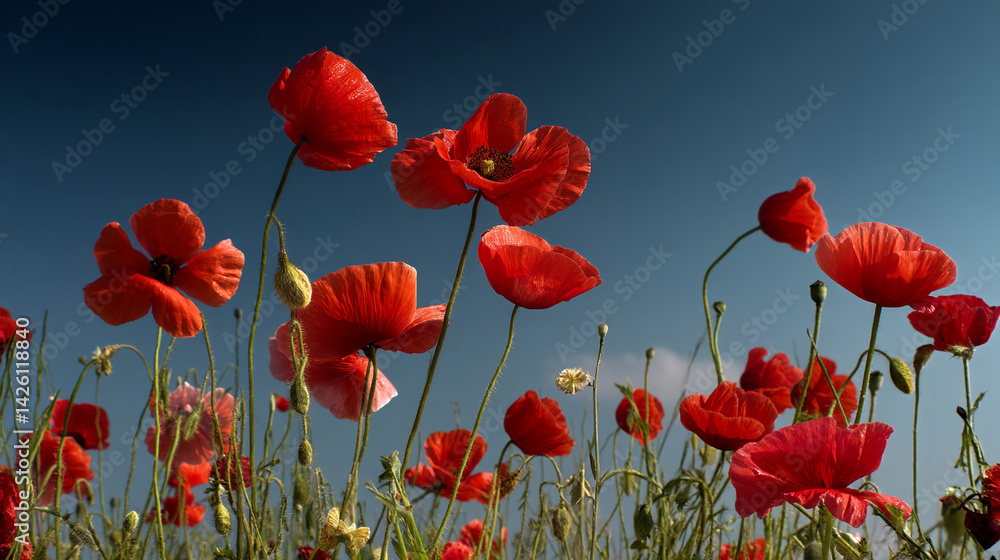 Naklejka premium Red poppies against a deep blue sky, showcasing vibrant color and natural beauty symbolizing remembrance, fragility, and the fleeting nature of life