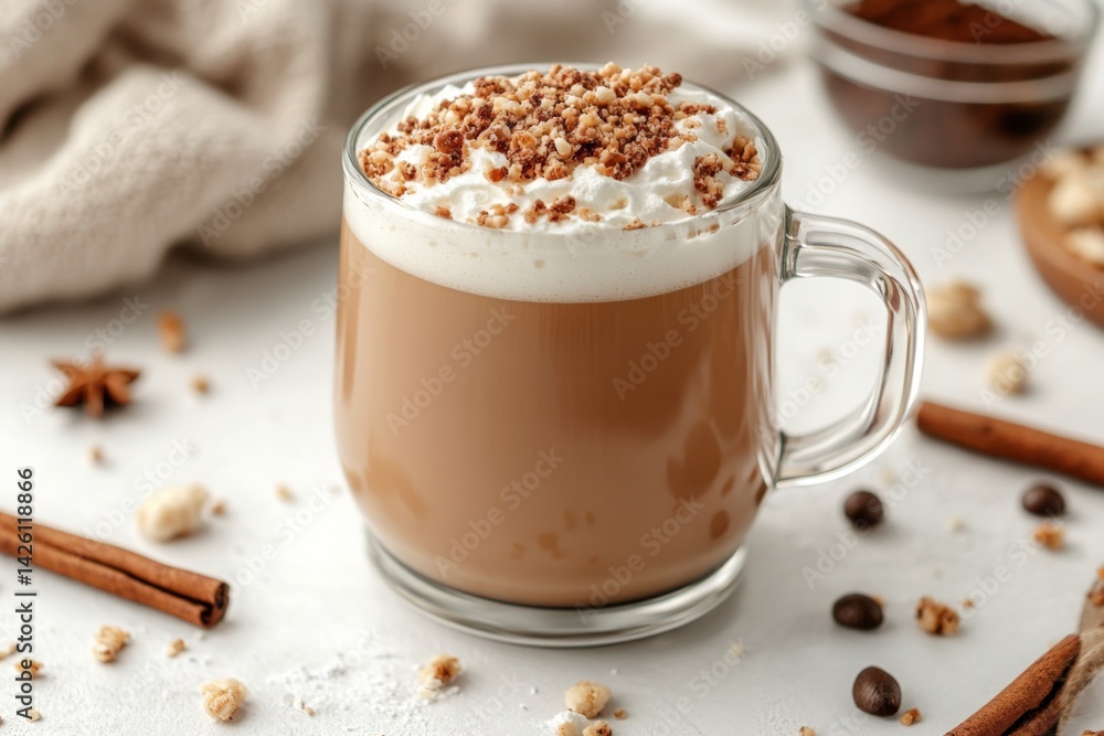 Warm and creamy beverage topped with whipped cream and crushed nuts for a cozy moment Warm and creamy beverage topped with whipped cream and crushed nuts for a cozy moment