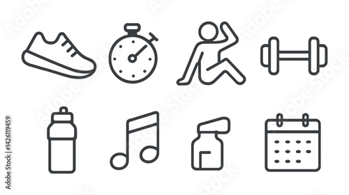 Set of 3d outline fitness icons: exercise, gym, training, wellness