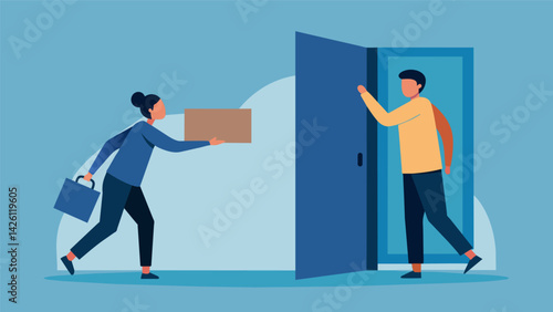 A person holding the door open for someone carrying a heavy load.. Vector illustration