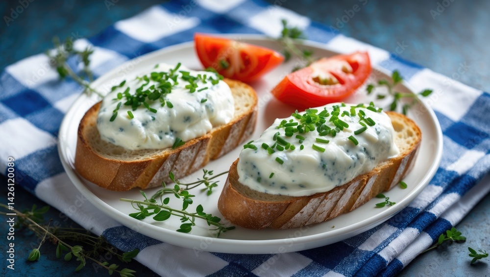 Fresh baguette with herb cream cheese Fresh baguette with herb cream cheese