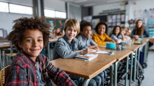 Diverse group of students in classroom, engaged and smiling, inclusive education setting