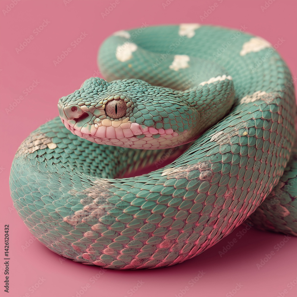 Fototapeta premium Mint Green Snake Portrait on Contrasting Pink Background