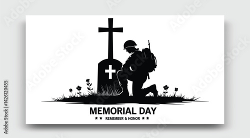 Memorial Day Silhouette Soldier Kneeling At Grave Honoring Fallen Heroes