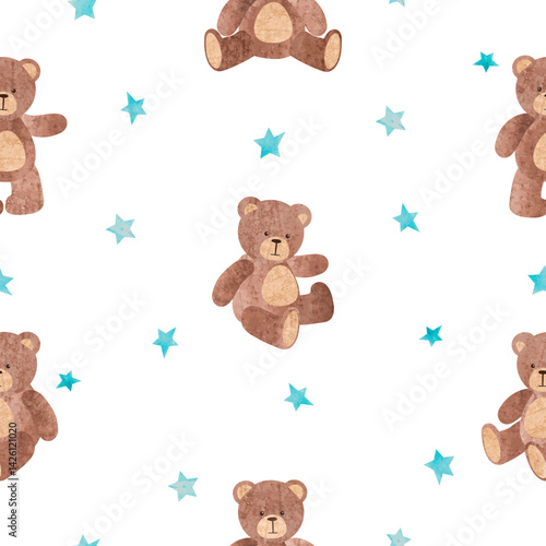 Cute little teddy bears and stars seamless pattern. Vector ilustration, kids ...