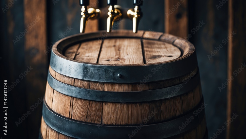 Fototapeta premium Wooden barrel background with dark beer tap and brown tones