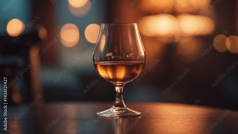 Elegant whiskey glass amidst cozy bar atmosphere with warm lighting and blurred background Elegant whiskey glass amidst cozy bar atmosphere with warm lighting and blurred background