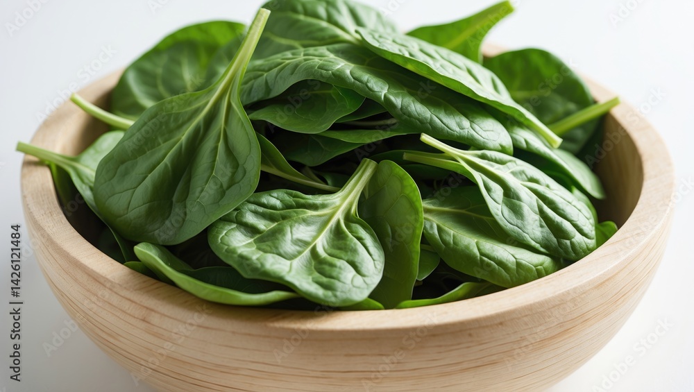 Fresh baby spinach leaves in a wooden bowl on a white background Fresh baby spinach leaves in a wooden bowl on a white background