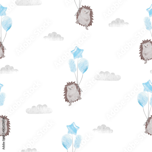 Seamless pattern with cute hedgehog and balloons. Vector cartoon illustration