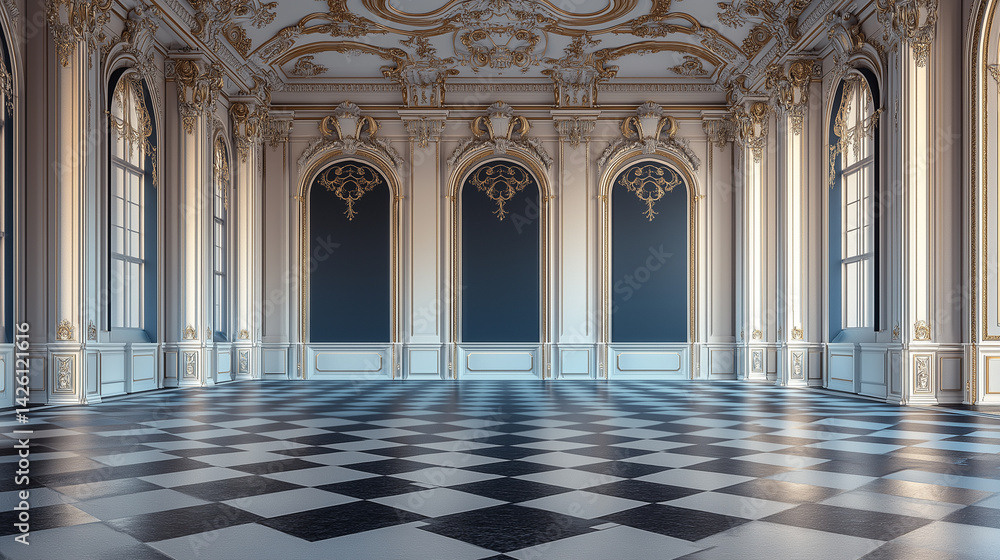 Obraz premium Ornate palace interior wall with gilded carvings, white mouldings, and blue panels in baroque style