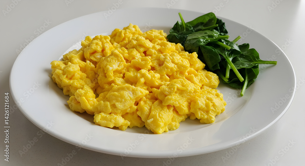Simple Plate Of Scrambled Eggs Served With Fresh Raw Spinach Leaves Simple Plate Of Scrambled Eggs Served With Fresh Raw Spinach Leaves