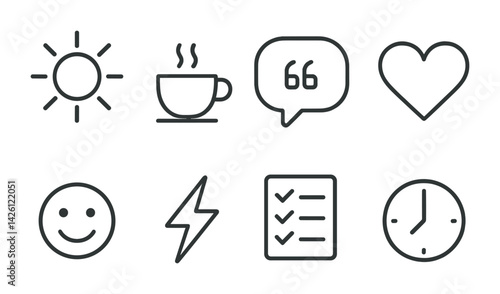 Minimalist outline icons set: sun, coffee, quote, heart, smile, bolt, checklist, clock
