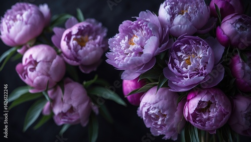Fototapeta Naklejka Na Ścianę i Meble -  Elegant purple peonies bouquet against black background with soft focus, floral backdrop