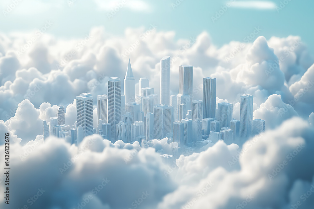 Fototapeta premium Miniature white city skyline rising from fluffy clouds, dreamy surreal 3D render