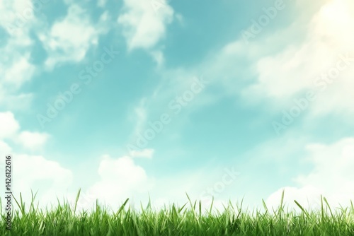 A bright sky with soft clouds and warm sunlight above lush green grass creates a tranquil atmosphere perfect for reflection