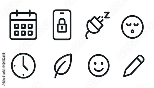 Essential icons set: calendar, security, energy, emotions in linear style