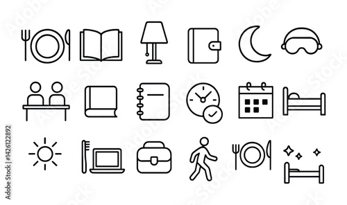 Essential everyday activity icon set in linear style for lifestyle applications