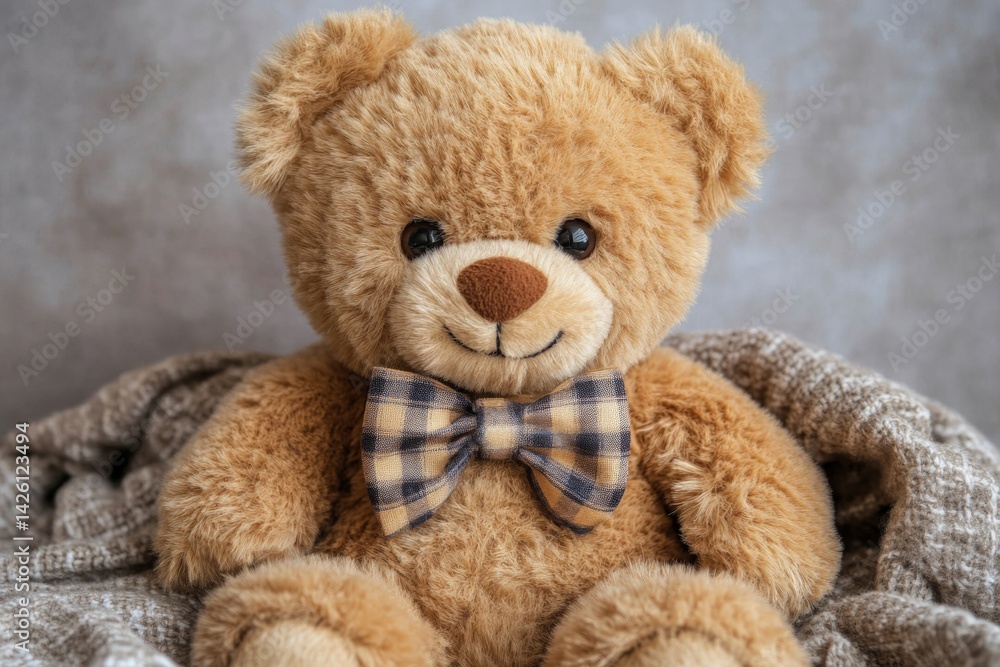 Fototapeta premium Cute teddy bear with a bowtie sitting on a soft blanket in a cozy indoor setting during the afternoon