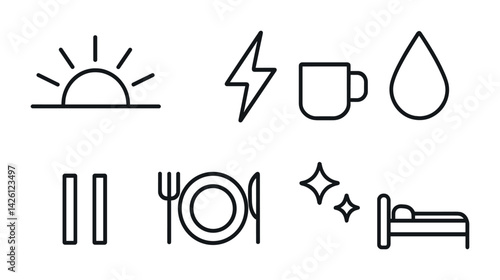 Morning routine icons set in linear style: sunrise, energy, coffee, hydration, pause, meal, clean, sleep