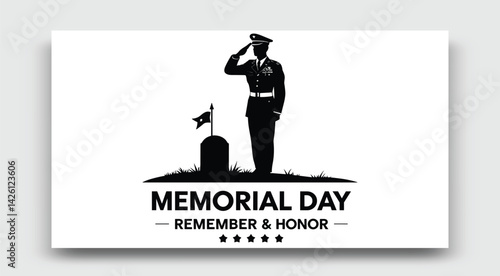 Black And White Memorial Day Soldier Saluting Tombstone Vector Illustration Design