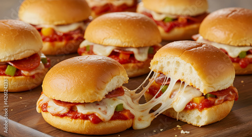 Appetizing Mini Pizza Sliders with Melted Cheese on Wooden Board