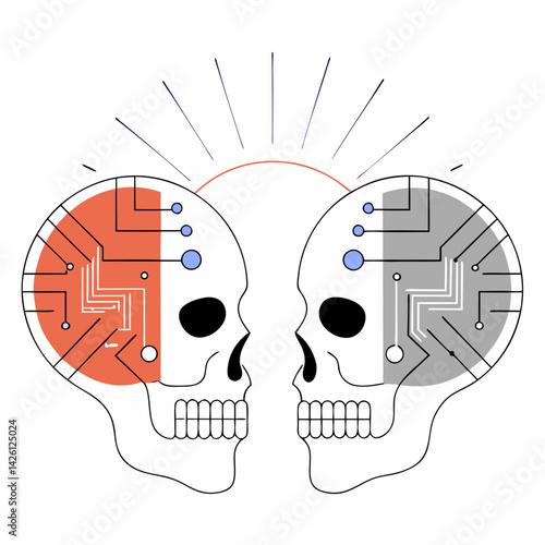 Cyberpunk Skulls with circuit board patterns symbolize fusion of technology and humanity, showcasing futuristic design. Isolate on white background, commercial use