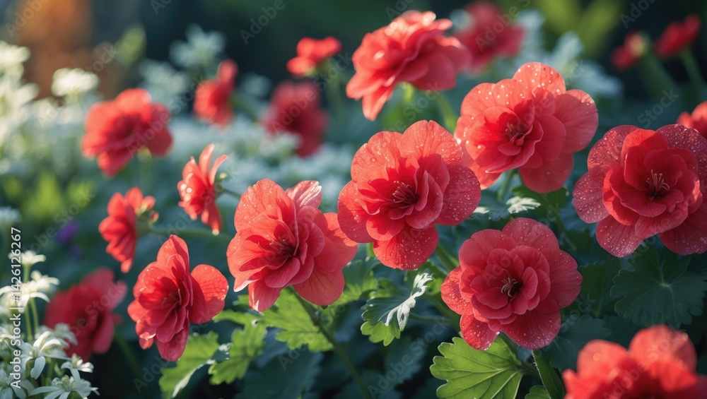 Vibrant red begonias with sparkling petals in a sunny autumn garden, abstract background Vibrant red begonias with sparkling petals in a sunny autumn garden, abstract background