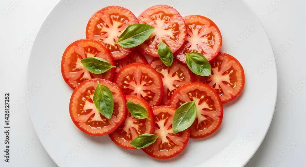 Sliced Heirloom Tomatoes And Fresh Basil Arranged Harmoniously On A White Plate Sliced Heirloom Tomatoes And Fresh Basil Arranged Harmoniously On A White Plate