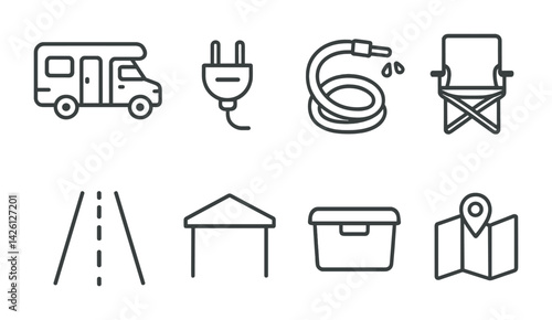 Camping and outdoor essentials icon set - linear style