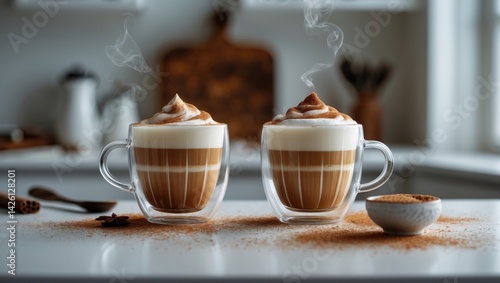 Two cups of aromatic cappuccino with foam, cinnamon, and brown sugar on a blue kitchen table for breakfast.