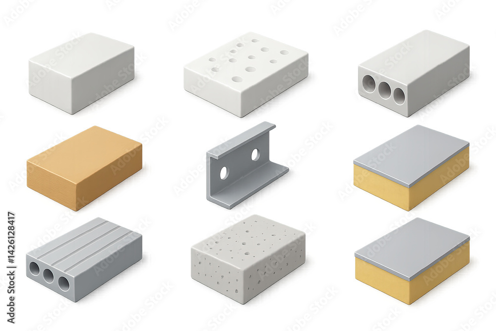 Construction materials icon set – isometric style building and architecture symbols for design and engineering projects: brick, cement block, steel beam, concrete slab, insulation Construction materials icon set – isometric style building and architecture symbols for design and engineering projects: brick, cement block, steel beam, concrete slab, insulation