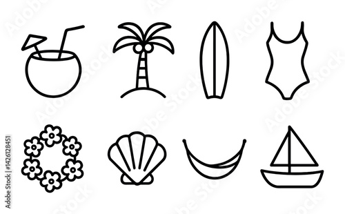Tropical beach icon set: coconut, palm, surfboard, swimwear, flowers, shell, hammock, sailboat