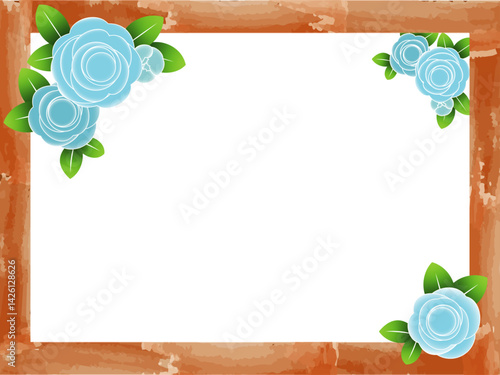 青バラと木目風のフレーム
