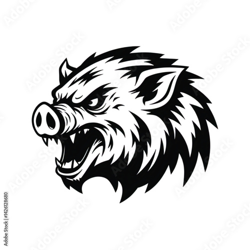 Roaring Pig Head Silhouette Logo – Minimalist Vector, Bold Black on White